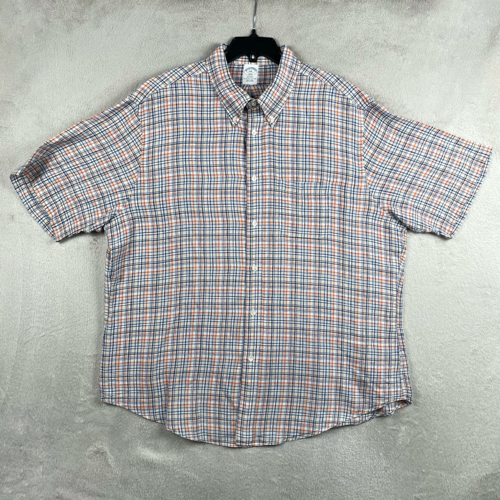Brooks Brothers Shirt Men 2XL Blue Orange Plaid 100% Linen Short Sleeve Button - Picture 2 of 8